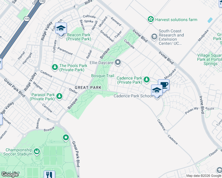 map of restaurants, bars, coffee shops, grocery stores, and more near 7770 Cadence in Irvine