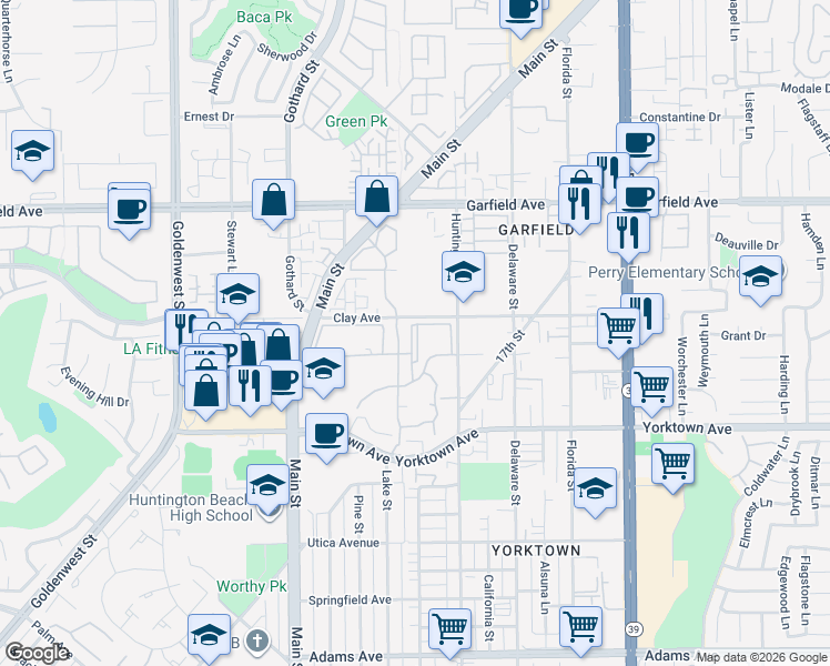 map of restaurants, bars, coffee shops, grocery stores, and more near 19311 Sunray Lane in Huntington Beach
