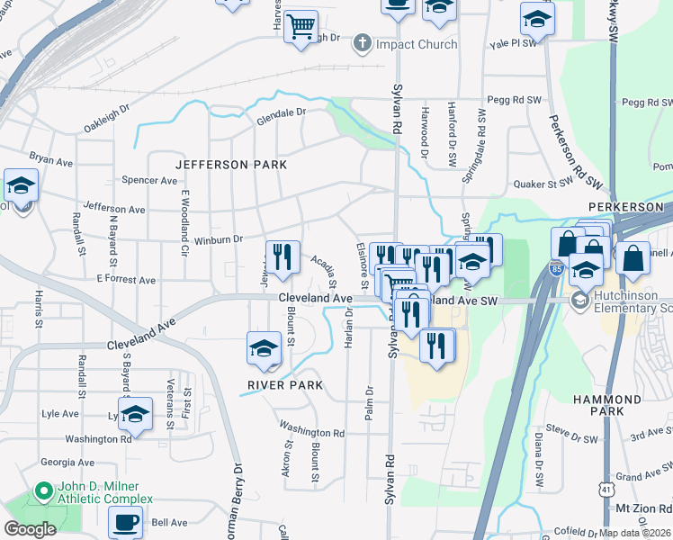 map of restaurants, bars, coffee shops, grocery stores, and more near 2666 Acadia Street in Atlanta