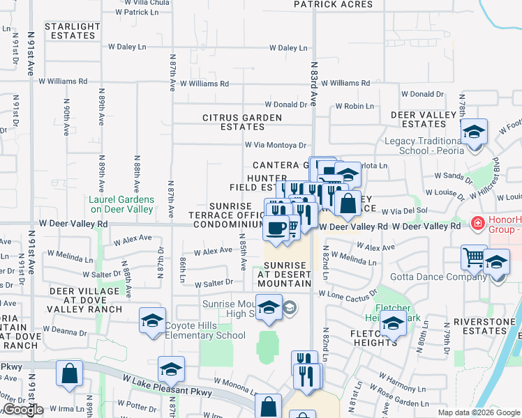 map of restaurants, bars, coffee shops, grocery stores, and more near 8430 West Deer Valley Road in Peoria