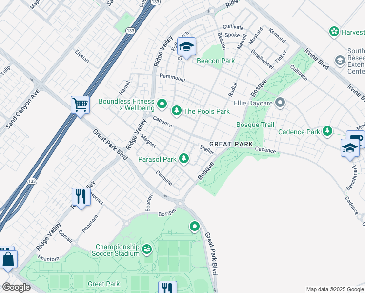 map of restaurants, bars, coffee shops, grocery stores, and more near 755 Beacon in Irvine
