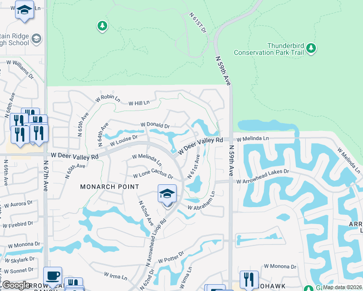 map of restaurants, bars, coffee shops, grocery stores, and more near 6129 West Louise Drive in Glendale