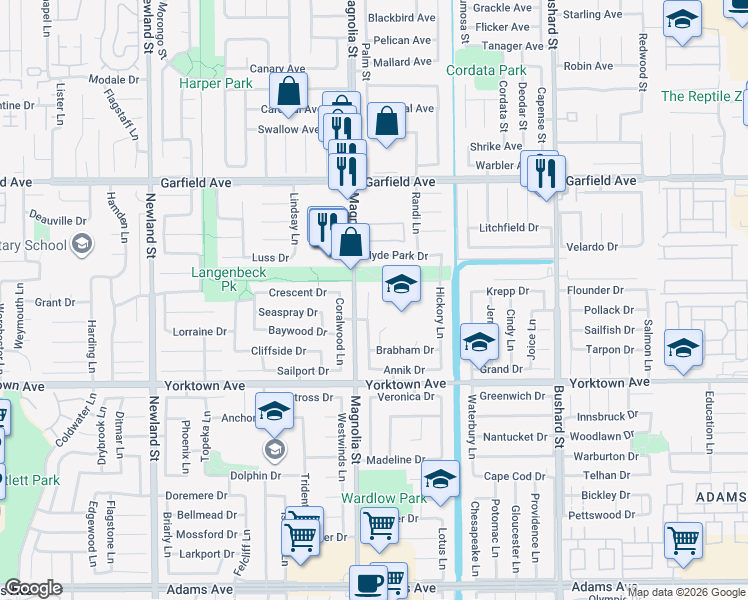 map of restaurants, bars, coffee shops, grocery stores, and more near 19282 McLaren Lane in Huntington Beach