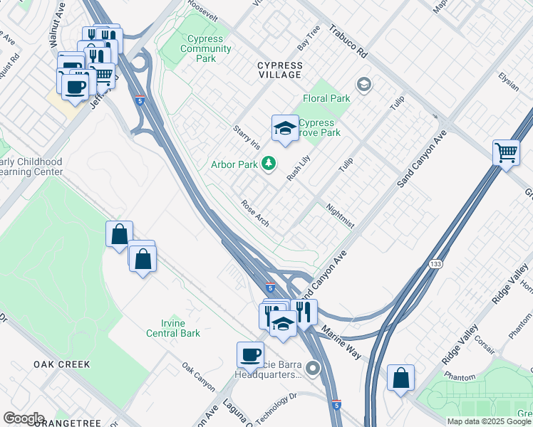 map of restaurants, bars, coffee shops, grocery stores, and more near 50 Twin Flower in Irvine