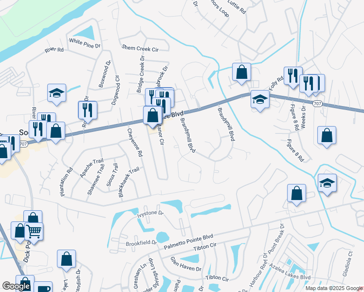 map of restaurants, bars, coffee shops, grocery stores, and more near 104 Loggers Run in Myrtle Beach