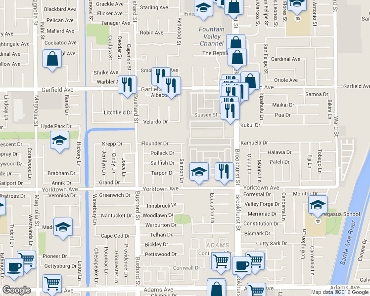 map of restaurants, bars, coffee shops, grocery stores, and more near 19282 Salmon Lane in Huntington Beach