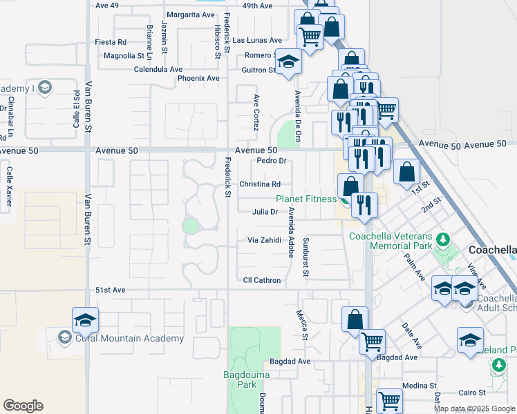 map of restaurants, bars, coffee shops, grocery stores, and more near 84474 Julia Drive in Coachella
