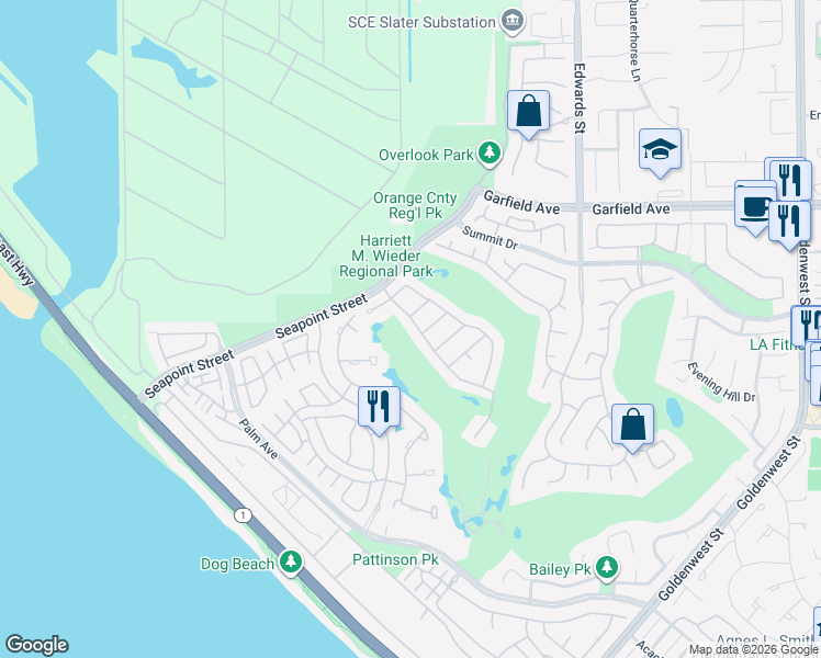 map of restaurants, bars, coffee shops, grocery stores, and more near 6312 Doral Drive in Huntington Beach