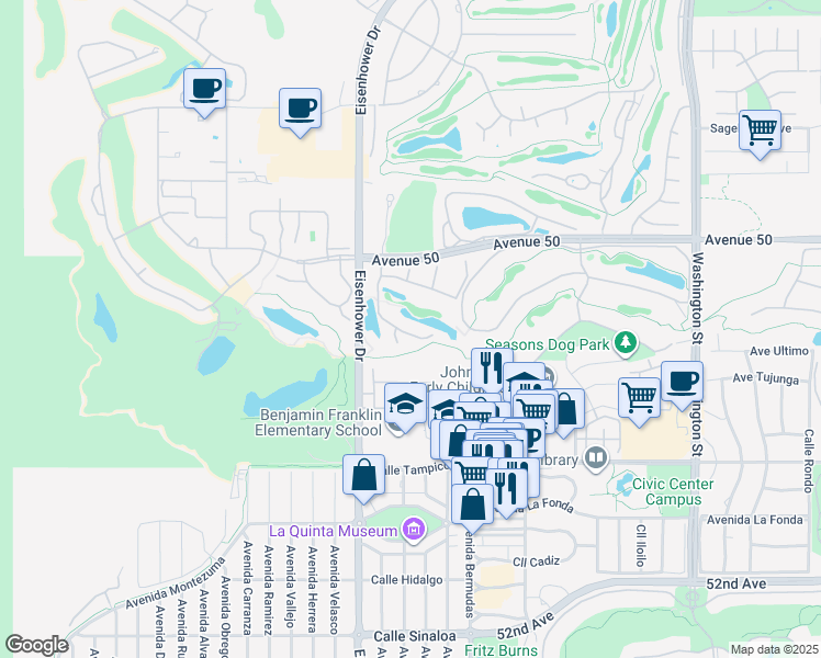 map of restaurants, bars, coffee shops, grocery stores, and more near 50330 Valencia Court in La Quinta
