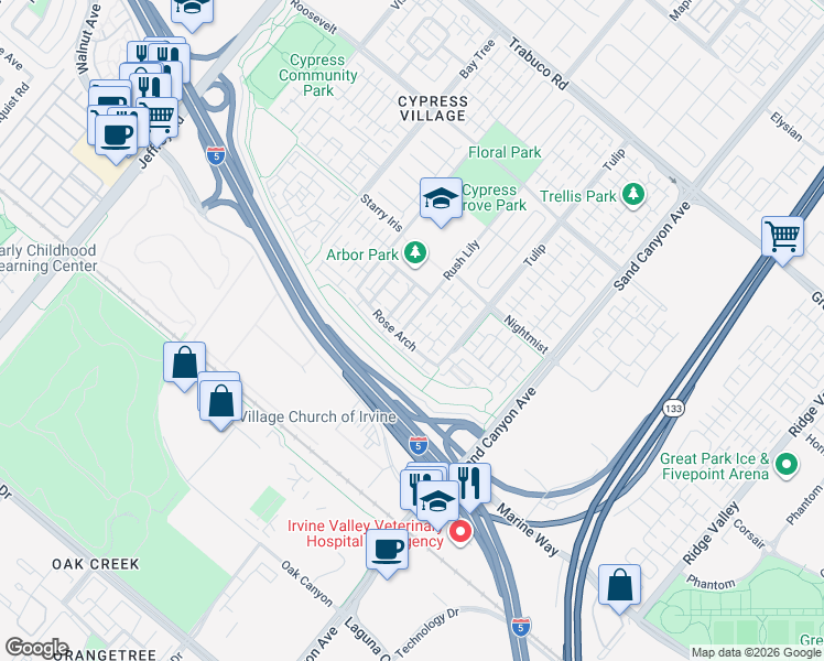 map of restaurants, bars, coffee shops, grocery stores, and more near 191 Rose Arch in Irvine