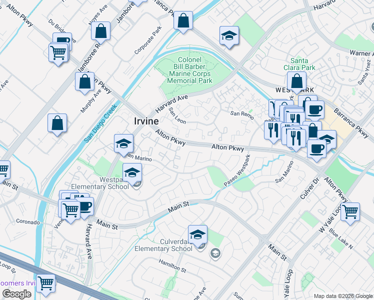 map of restaurants, bars, coffee shops, grocery stores, and more near 16 Murica Aisle in Irvine