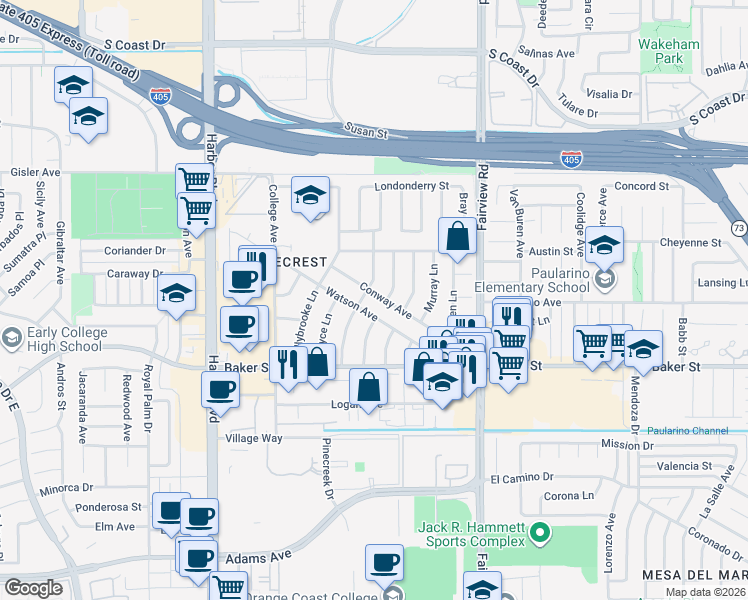 map of restaurants, bars, coffee shops, grocery stores, and more near 1287 Conway Avenue in Costa Mesa