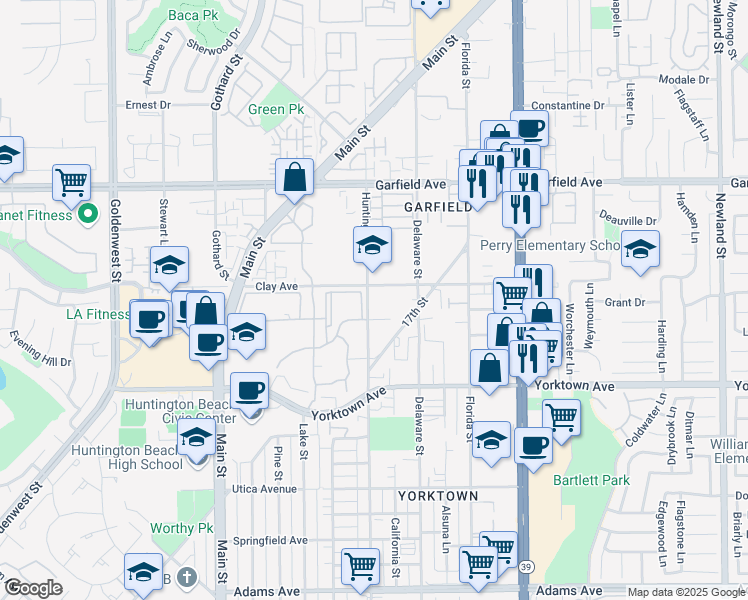 map of restaurants, bars, coffee shops, grocery stores, and more near 312 Clay Avenue in Huntington Beach