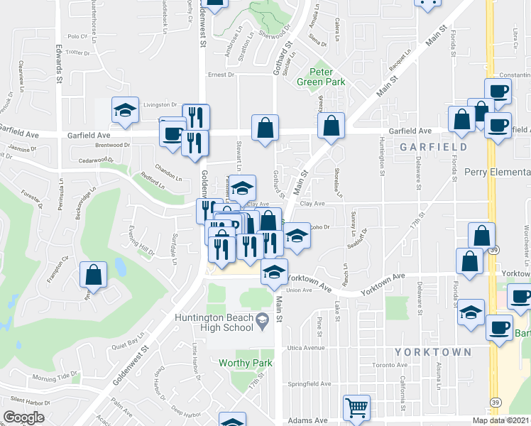 map of restaurants, bars, coffee shops, grocery stores, and more near 7211 Garden Glen Court in Huntington Beach