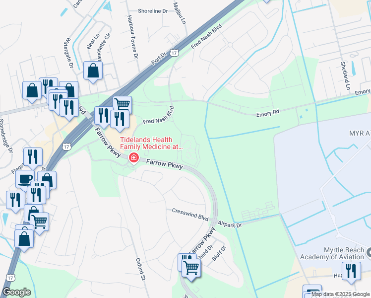 map of restaurants, bars, coffee shops, grocery stores, and more near 2501 Hammock st. in Myrtle Beach