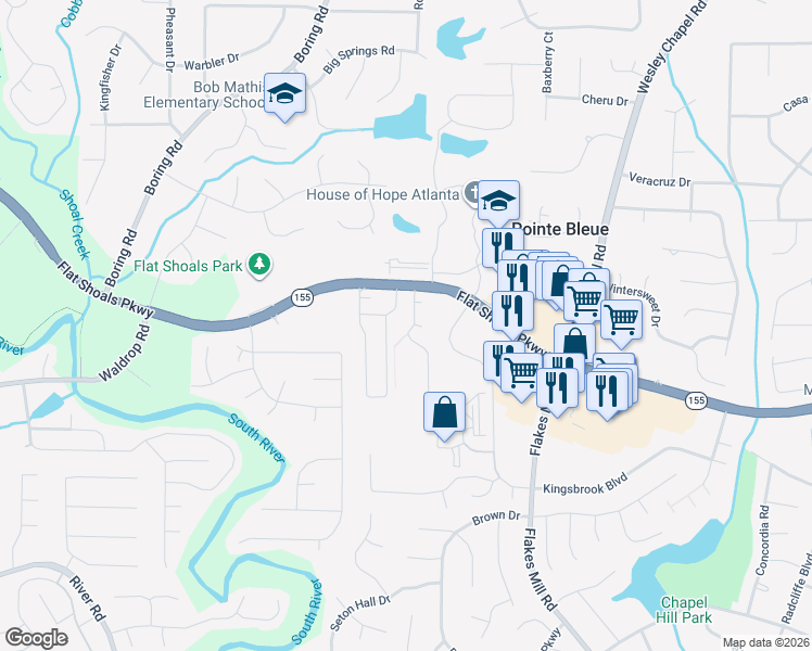 map of restaurants, bars, coffee shops, grocery stores, and more near 3443 Chapel Park Drive in Decatur