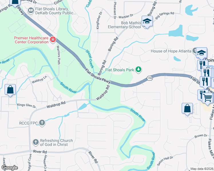 map of restaurants, bars, coffee shops, grocery stores, and more near 4415 Flat Shoals Parkway in Decatur