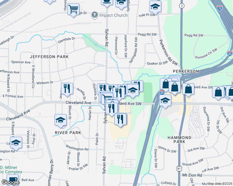 map of restaurants, bars, coffee shops, grocery stores, and more near 856 Glenway Drive Southwest in East Point