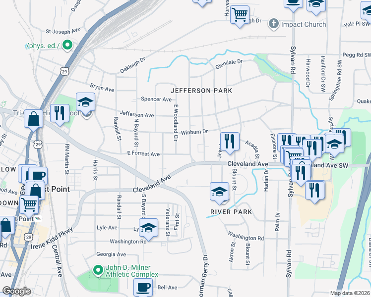 map of restaurants, bars, coffee shops, grocery stores, and more near 2665 Jefferson Terrace in East Point