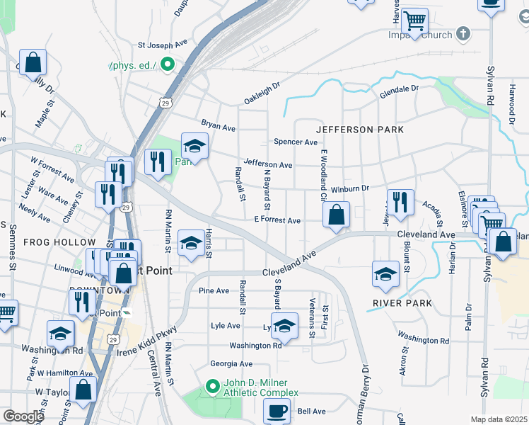map of restaurants, bars, coffee shops, grocery stores, and more near 1325 East Forrest Avenue in East Point