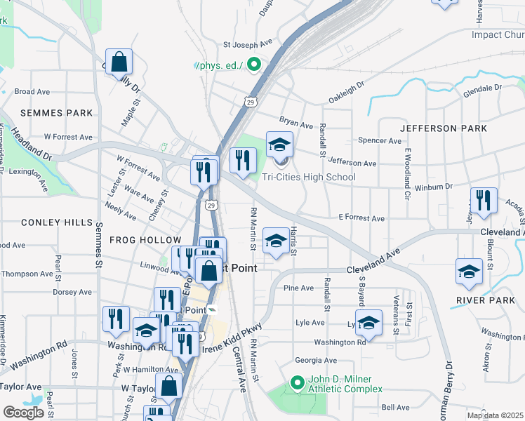 map of restaurants, bars, coffee shops, grocery stores, and more near 1488 East Forrest Avenue in Atlanta