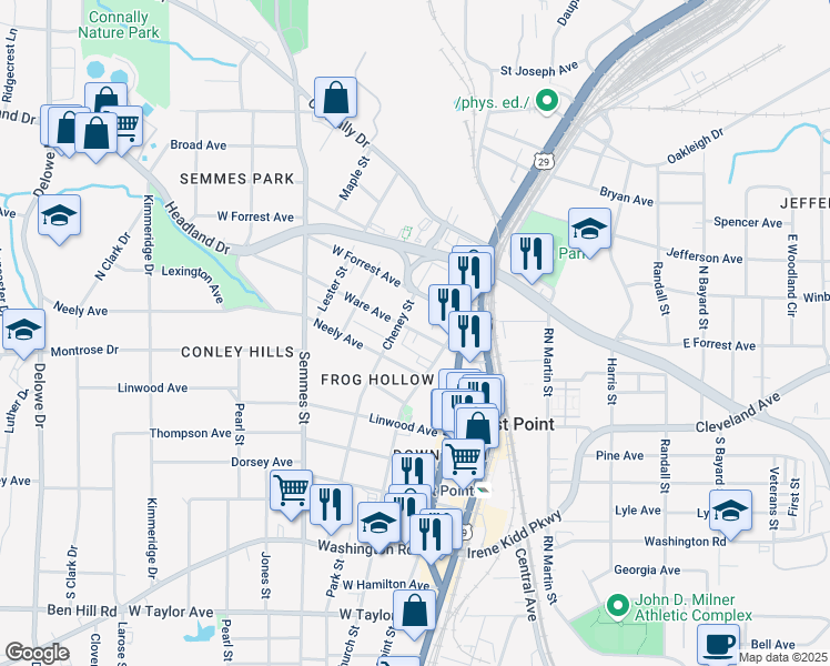 map of restaurants, bars, coffee shops, grocery stores, and more near 1655 Ware Avenue in East Point