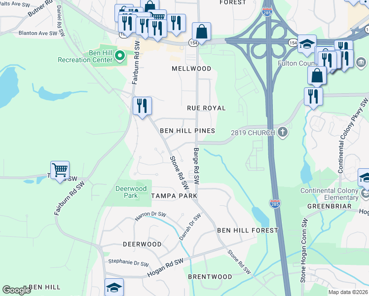 map of restaurants, bars, coffee shops, grocery stores, and more near 3622 Hampshire Park Way in Atlanta