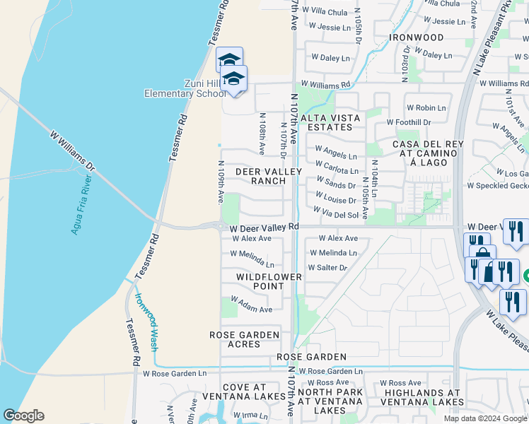 map of restaurants, bars, coffee shops, grocery stores, and more near 10778 West Via Del Sol in Sun City