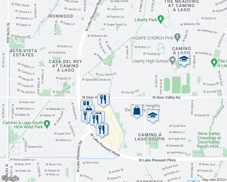 map of restaurants, bars, coffee shops, grocery stores, and more near 21922 North 100th Avenue in Peoria
