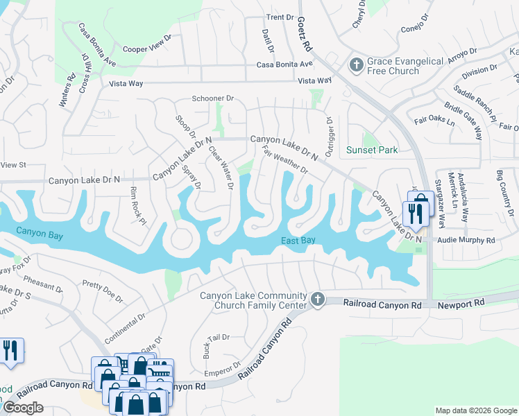 map of restaurants, bars, coffee shops, grocery stores, and more near 30263 Swan Point Drive in Canyon Lake