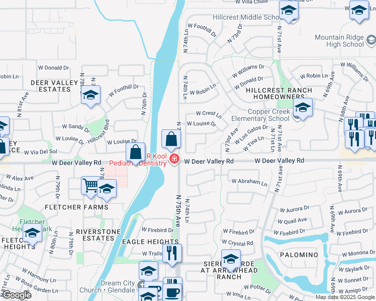 map of restaurants, bars, coffee shops, grocery stores, and more near 7450 West Via Del Sol Drive in Glendale