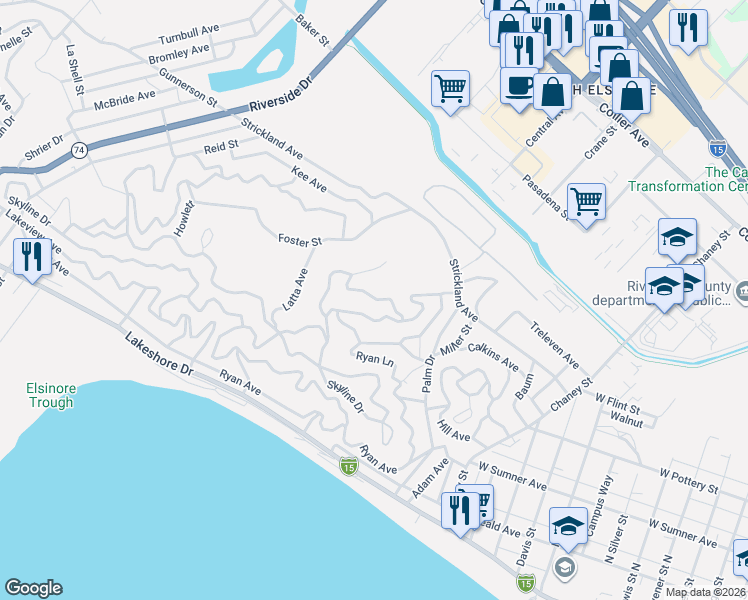 map of restaurants, bars, coffee shops, grocery stores, and more near Prevost Avenue in Lake Elsinore