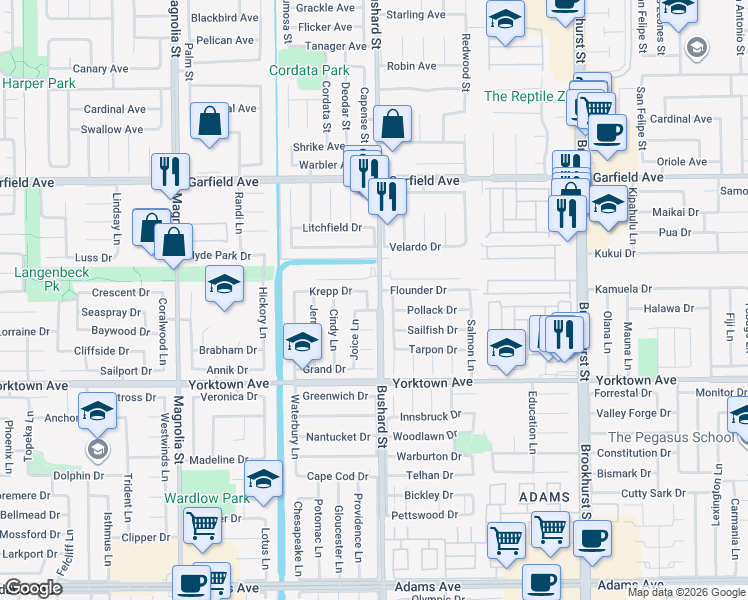 map of restaurants, bars, coffee shops, grocery stores, and more near 19292 Steven Lane in Huntington Beach