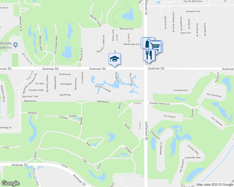 map of restaurants, bars, coffee shops, grocery stores, and more near 50315 Vía Puesta Del Sol in La Quinta