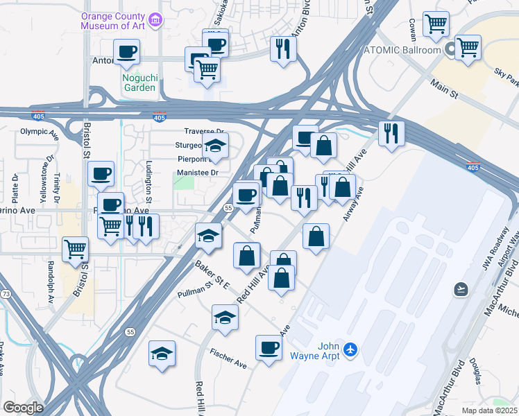 map of restaurants, bars, coffee shops, grocery stores, and more near 3170 Pullman Street in Costa Mesa