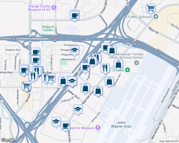 map of restaurants, bars, coffee shops, grocery stores, and more near 3170 Pullman Street in Costa Mesa