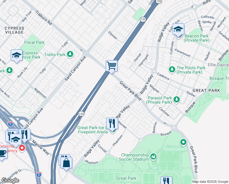 map of restaurants, bars, coffee shops, grocery stores, and more near 128 Full Sun in Irvine