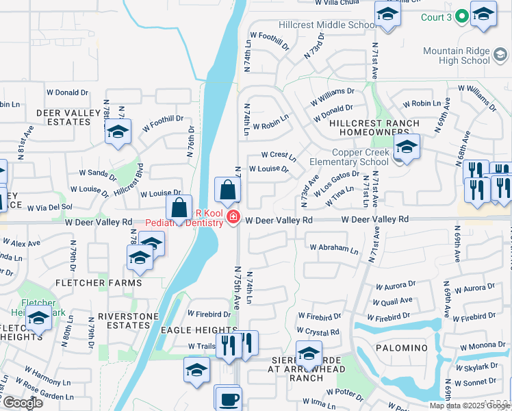 map of restaurants, bars, coffee shops, grocery stores, and more near 7450 West Via Del Sol Drive in Glendale