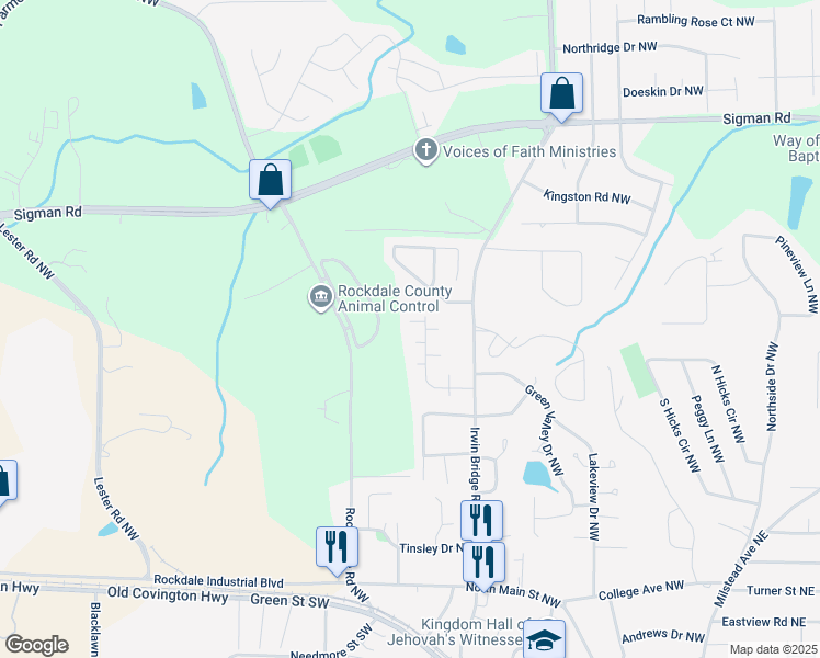 map of restaurants, bars, coffee shops, grocery stores, and more near 1206 Creek Forest Court Northwest in Conyers