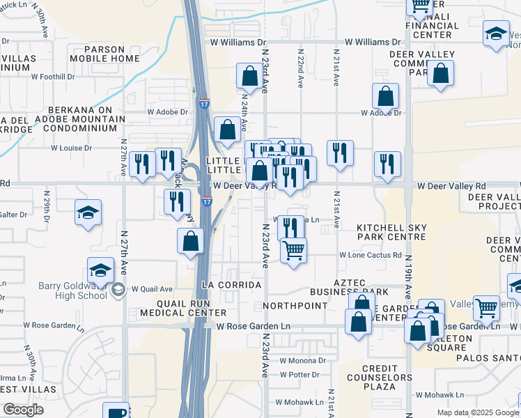 map of restaurants, bars, coffee shops, grocery stores, and more near 21622 North 23rd Avenue in Phoenix