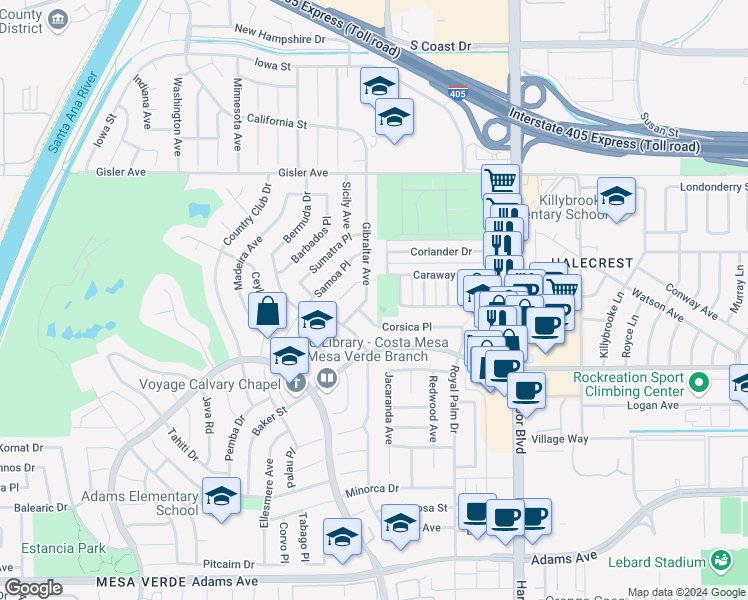 map of restaurants, bars, coffee shops, grocery stores, and more near 3082 Gibraltar Avenue in Costa Mesa