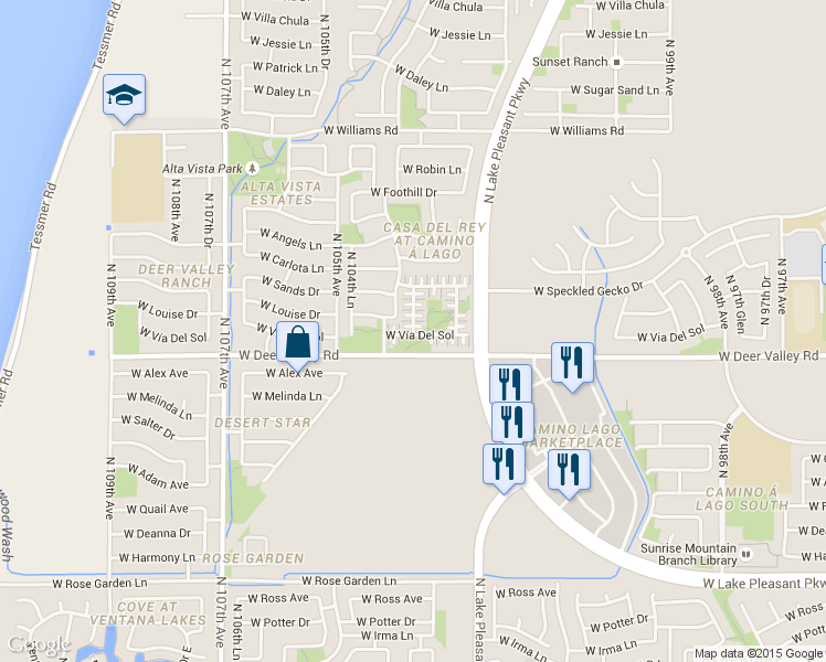 map of restaurants, bars, coffee shops, grocery stores, and more near 21924 N 103rd Ln in Peoria