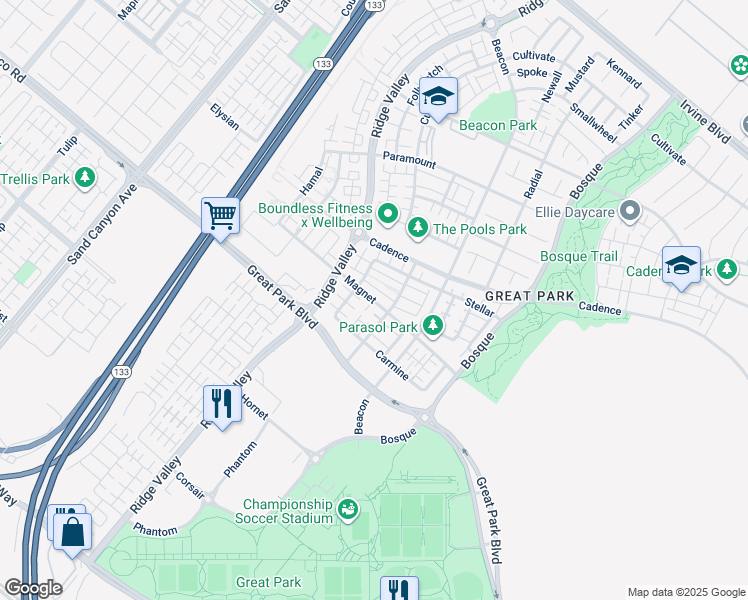 map of restaurants, bars, coffee shops, grocery stores, and more near 320 Magnet in Irvine