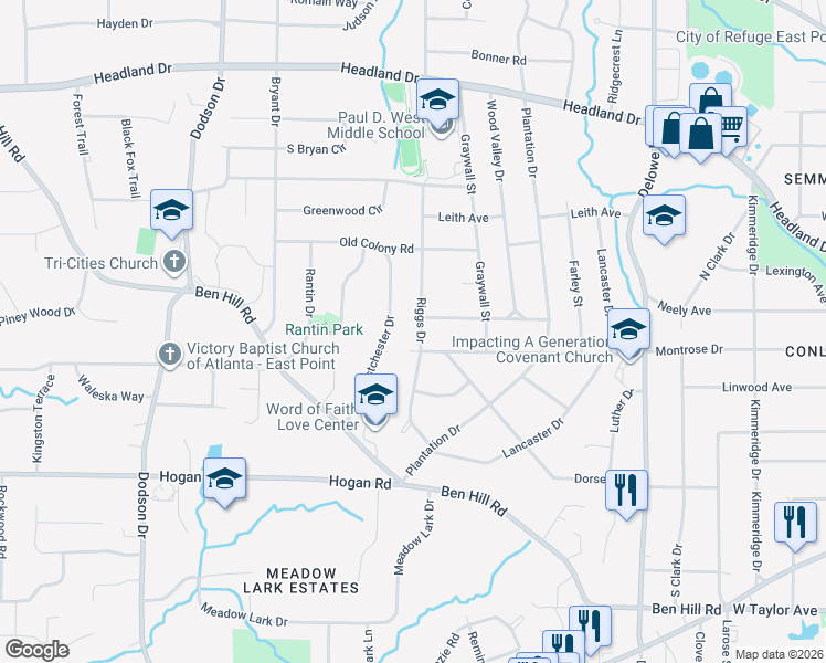 map of restaurants, bars, coffee shops, grocery stores, and more near 2669 Riggs Drive in East Point