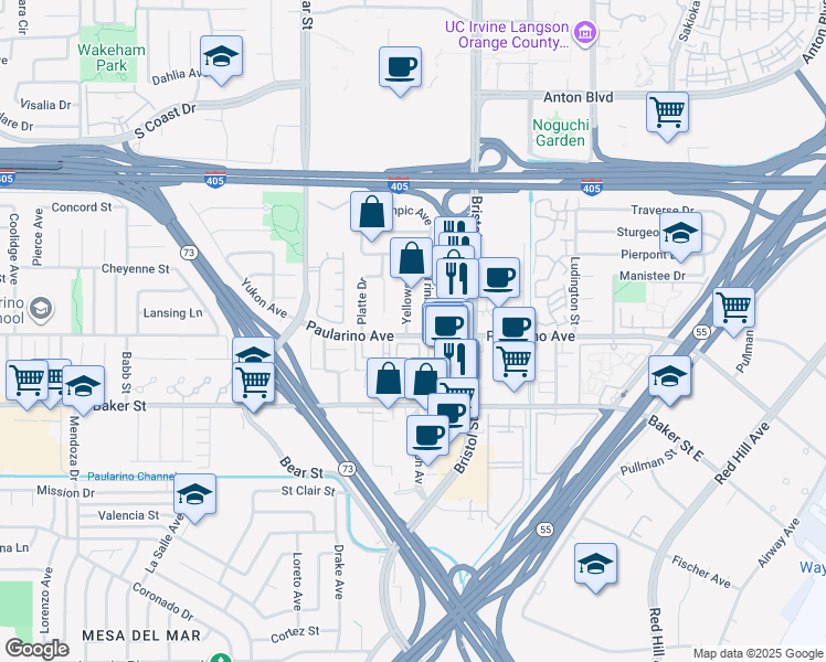 map of restaurants, bars, coffee shops, grocery stores, and more near 3066 Yellowstone Drive in Costa Mesa