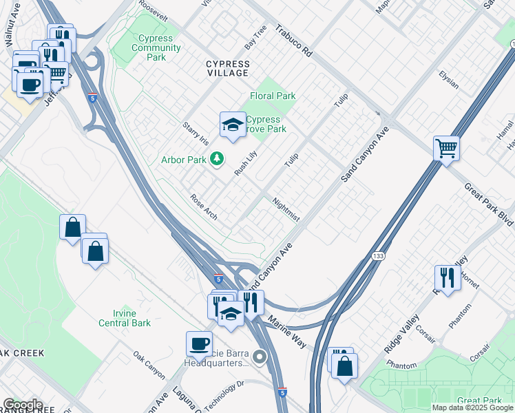 map of restaurants, bars, coffee shops, grocery stores, and more near 57 Bay Laurel in Irvine