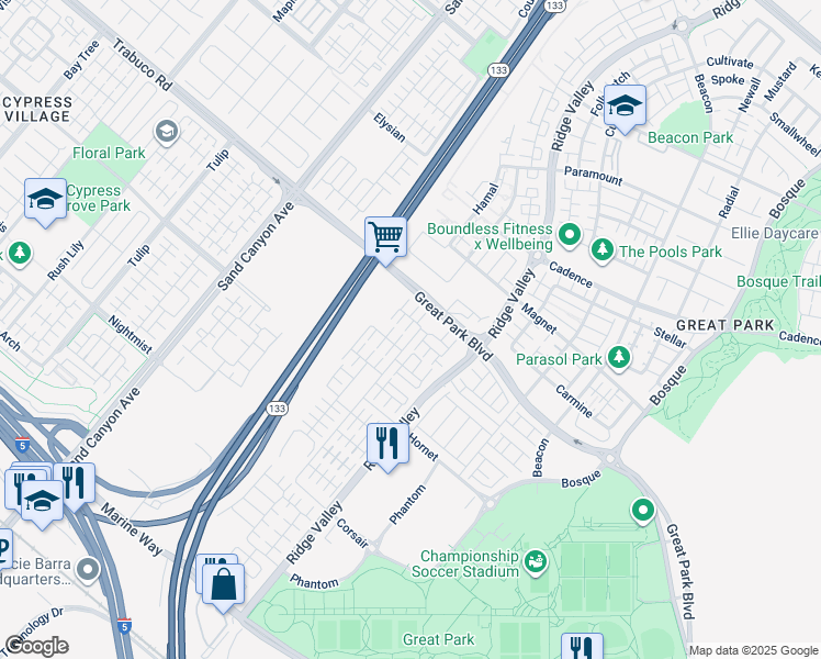 map of restaurants, bars, coffee shops, grocery stores, and more near 133 Okra in Irvine