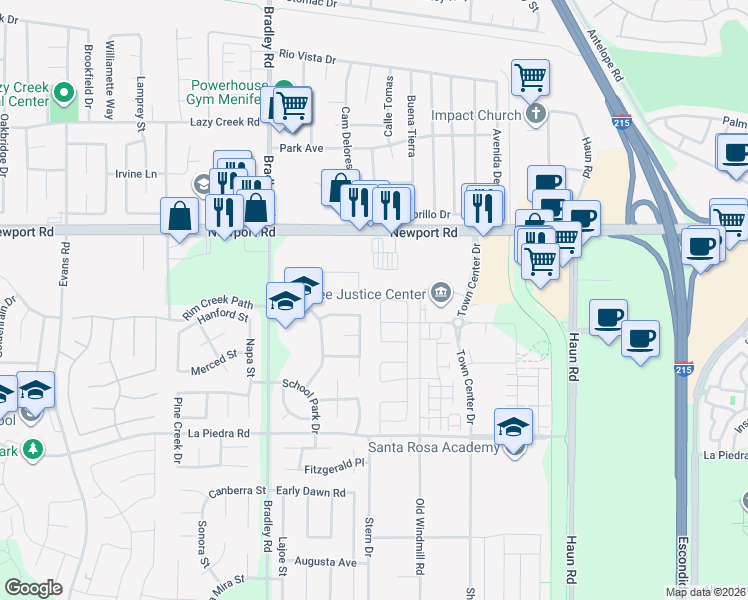 map of restaurants, bars, coffee shops, grocery stores, and more near 30187 Ramsay Drive in Menifee