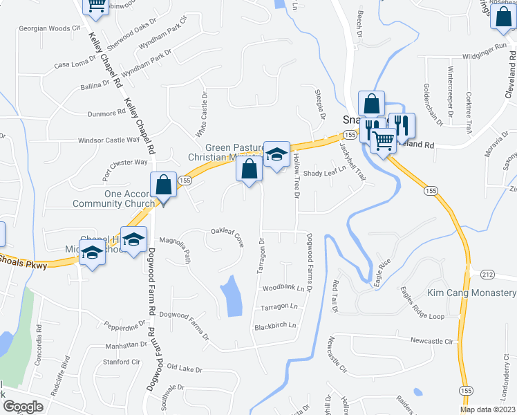 map of restaurants, bars, coffee shops, grocery stores, and more near 3421 Tarragon Drive in Decatur