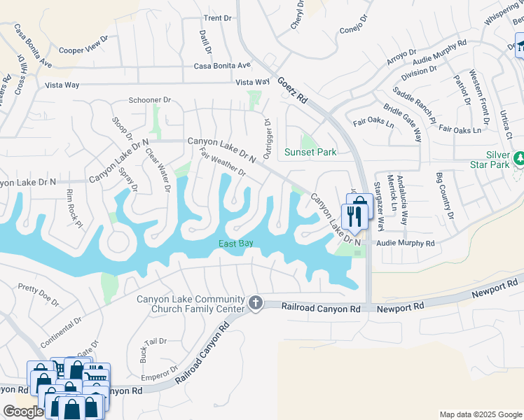 map of restaurants, bars, coffee shops, grocery stores, and more near 30184 Skippers Way Drive in Canyon Lake